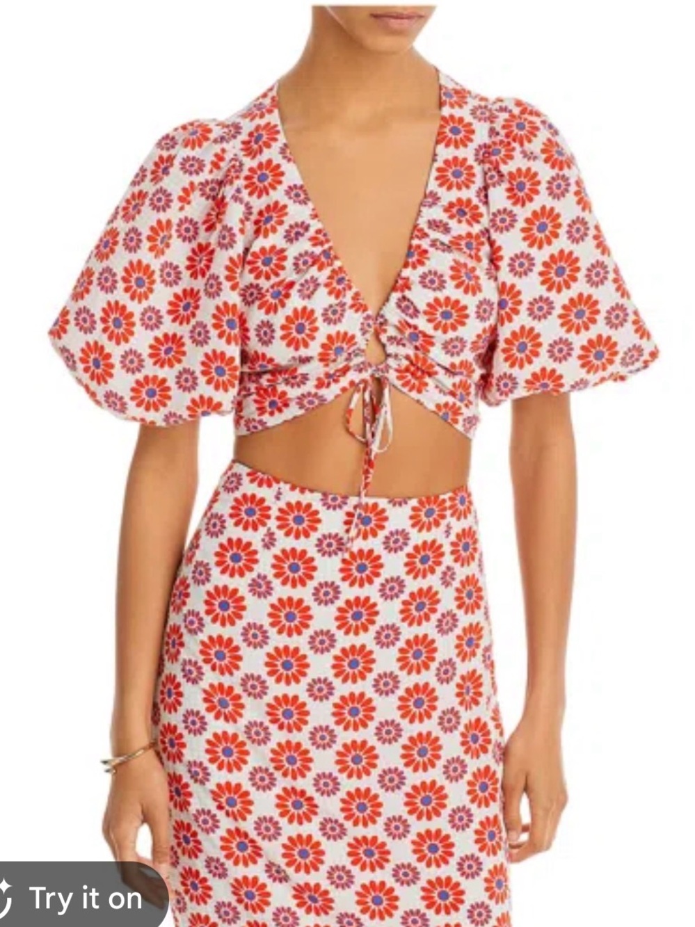 Floral Tie-Front Crop Top and Skirt Set in Red and White